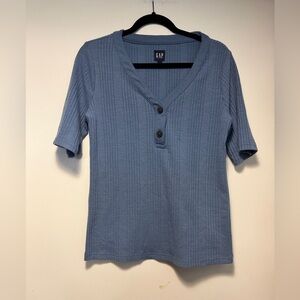 GAP Women's Cute Blue Ribbed Top 90s Style V Neck Shirt